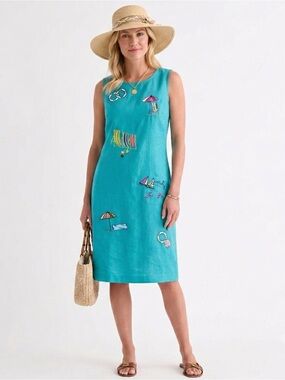 Vintage ULTRA DRESS NY Linen Blend Shift Dress Coastal Embroidery Cape Cod Sz 8